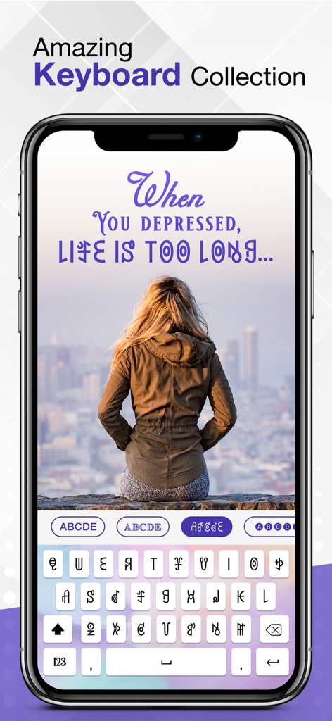 Cool Fonts Art Keyboard - An iPhone screen displaying the Cool Fonts Art Keyboard with various artistic font options and a stylish background image