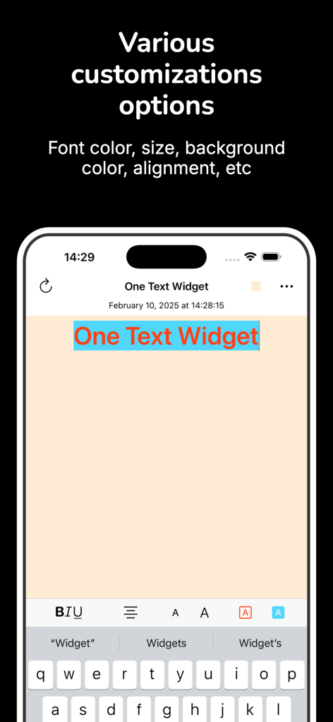 One Text Widget - Interfaz de la aplicación One Text Widget que muestra herramientas de personalización de color de fuente y fondo.