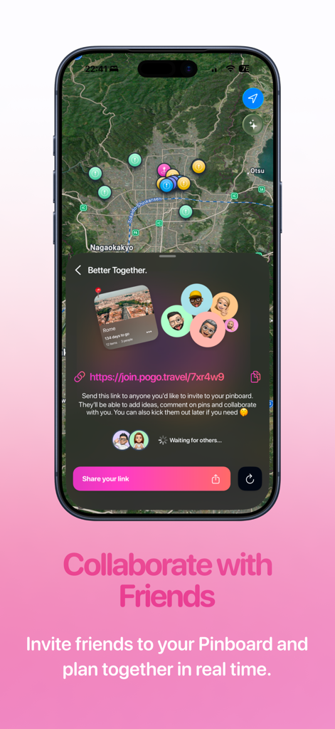 Pogo - Trip Planner - Interface of Pogo app showing the collaborate with friends feature for sharing travel pinboards
