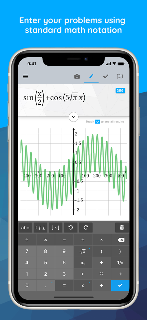 Maple Calculator: Math Solver - Maple Calculator app interface showing a 2D graph of a trigonometric equation and a math keyboard.