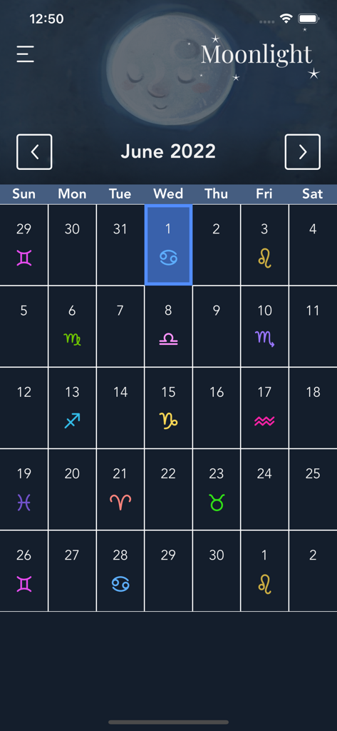 Moonlight Phases, Susan Miller - A calendar view from Susan Millers Moonlight app showing astrological signs for each day