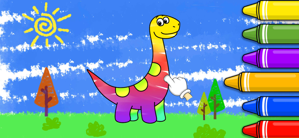 A cartoon dinosaur being colored with rainbow stripes in a digital kids coloring game.