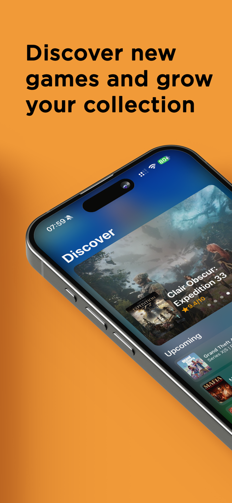 GameZ Collection - iPhone, das den Entdeckungsbereich der GameZ Collection App mit kommenden Spieletiteln anzeigt
