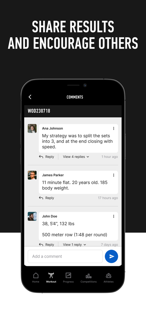 CrossFit - Uno schermo di un telefono cellulare che mostra la sezione commenti dell'app CrossFit dove gli atleti condividono i risultati degli allenamenti e si incoraggiano a vicenda.