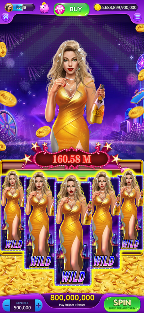 Lucky Spin Slot Machines - Capture d'écran du jeu mobile Lucky Spin Slot Machines montrant un thème Vegas Night avec une femme en robe dorée et un gros jackpot en pièces