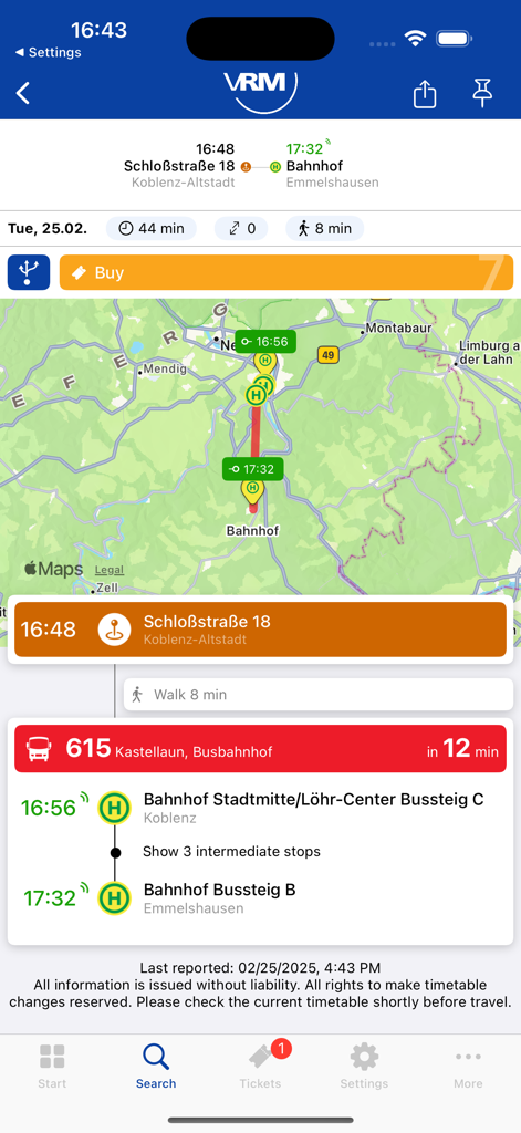 VRM-App zeigt eine Nahverkehrsroute mit einer Karte und einem Busfahrplan für die Rhein-Mosel-Region.