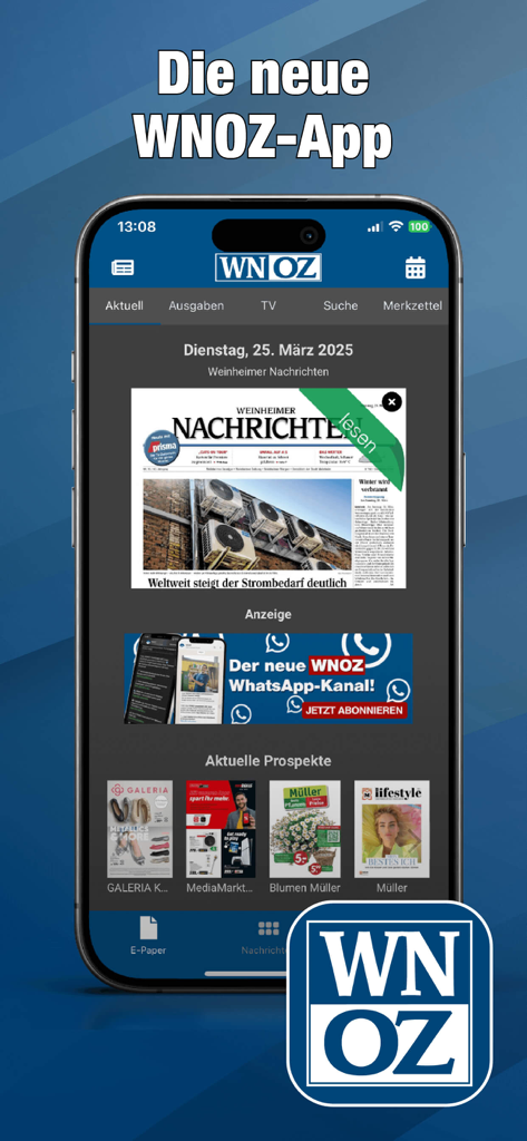 WNOZ - Smartphone mit der Benutzeroberfläche der WNOZ-App, das digitale Zeitungsausgaben und lokale Broschüren anzeigt