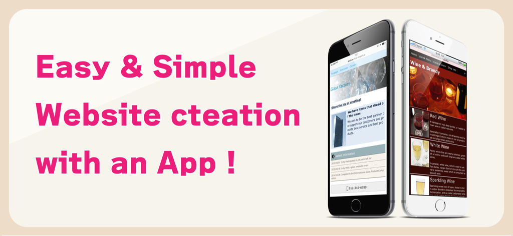 Crayon – Create a website - Banner promocional para o aplicativo Crayon com sites móveis para uma fábrica de vidro e uma loja de vinhos com o texto Criação de Site Fácil e Simples com um Aplicativo