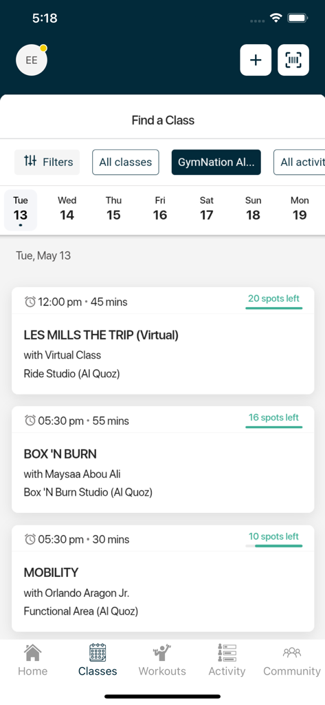 GymNation app class booking screen showing a schedule of fitness sessions