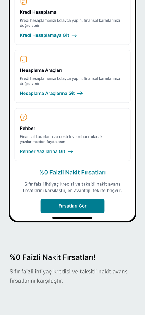 Hesapkurdu - Kıyasla, Yakala! - Mobile interface of Hesapkurdu app showing financial calculation tools and zero interest cash offers