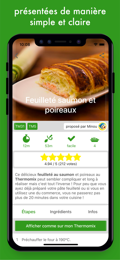 Schermata di uno smartphone che mostra l'app Cookomix con una ricetta dettagliata per tortino salato di salmone e porri.
