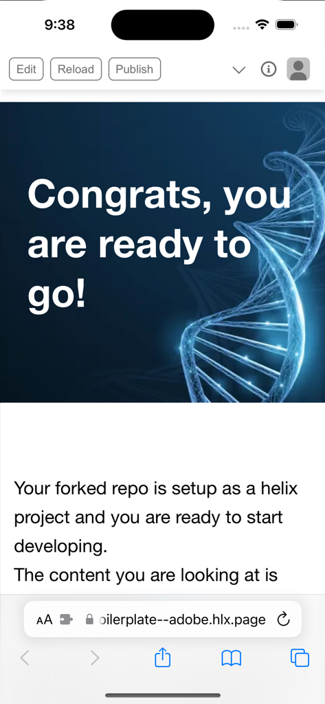 AEM Sidekick - AEM Sidekick mobile interface showing project setup confirmation with edit and publish buttons