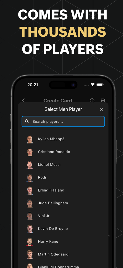FUT Cards: FC Card Creator - A list of famous soccer players like Mbappe and Ronaldo in the FUT Cards FC Card Creator player selection screen
