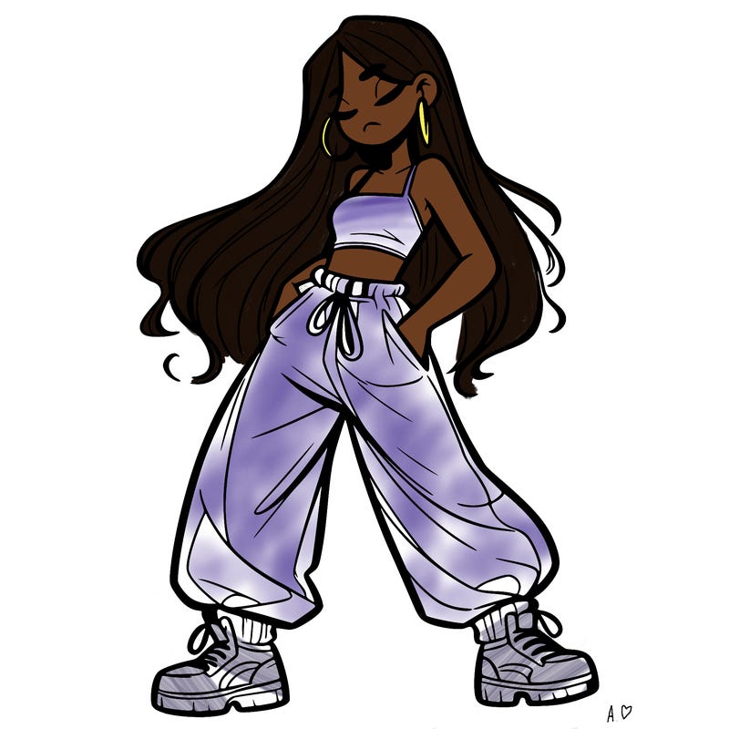 girl in baggy pants crop top and long hair