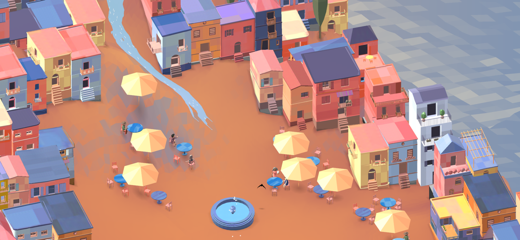 Roia - A colorful minimalist village square with a river and yellow umbrellas in the game Roia.