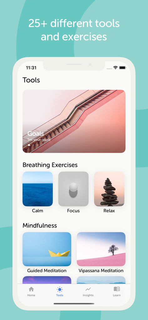 Quit Anger: Anger Management - Interface of the Quit Anger app showing a selection of mental health tools including breathing exercises and mindfulness meditations.