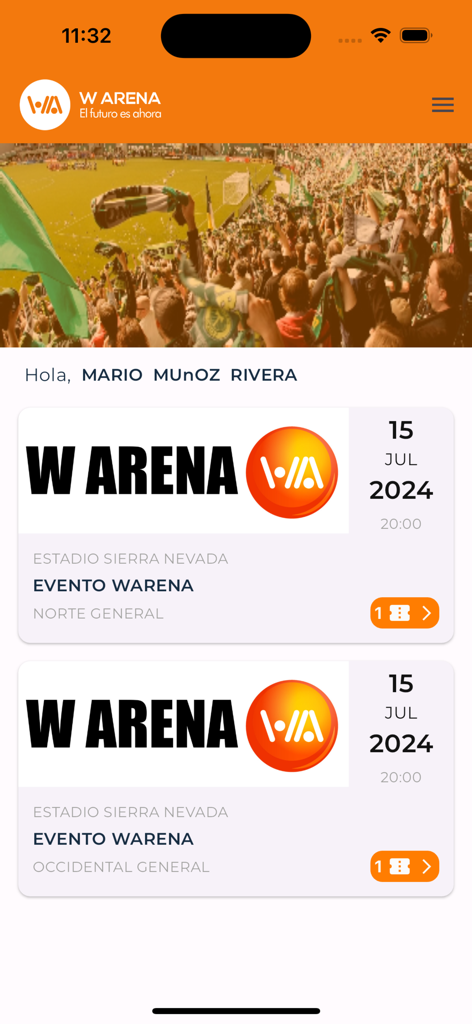 Dashboard dell'app mobile W Arena che visualizza i biglietti digitali per eventi per lo Stadio Sierra Nevada.