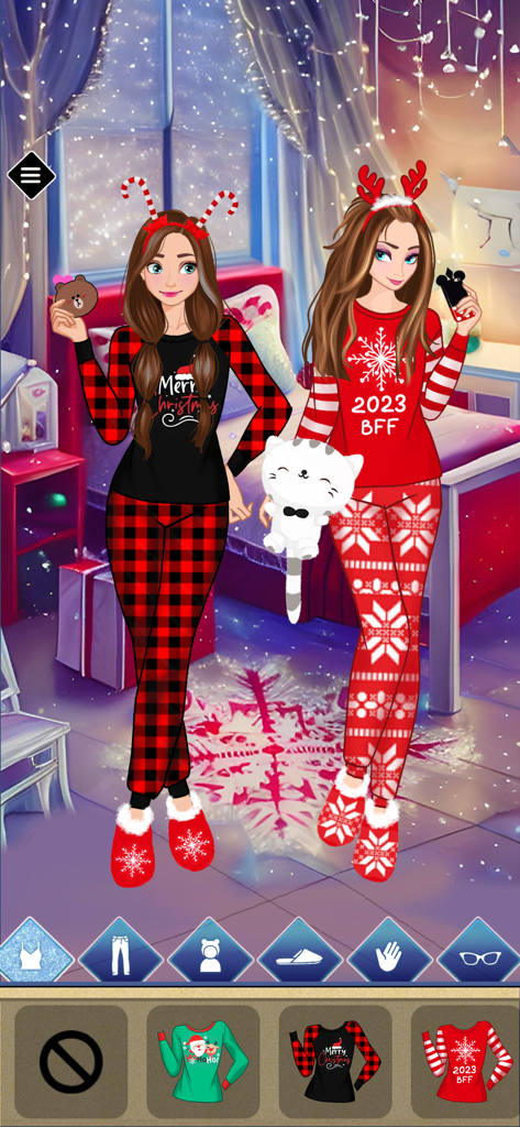 Sevelina BFF Dress Up Game - ドレスアップゲームのパジャマパーティーで、クリスマスのパジャマと festive なヘッドバンドをつけた二人の親友