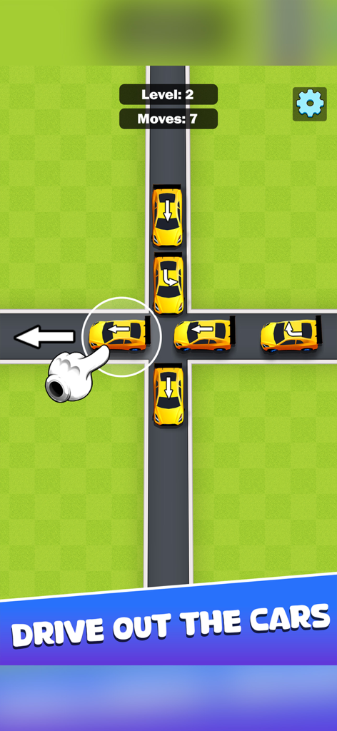 Car Slider: Clear the Roads - Captura de pantalla del juego de Car Slider que muestra un rompecabezas de tráfico con coches amarillos en una intersección y una mano indicando un gesto de deslizar.
