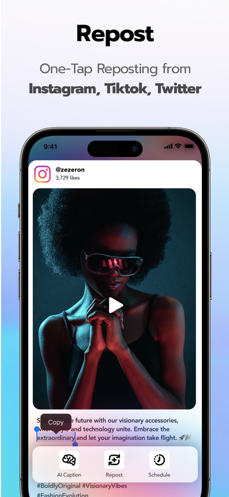 Repost AI app interface showing one tap reposting from Instagram TikTok and Twitter