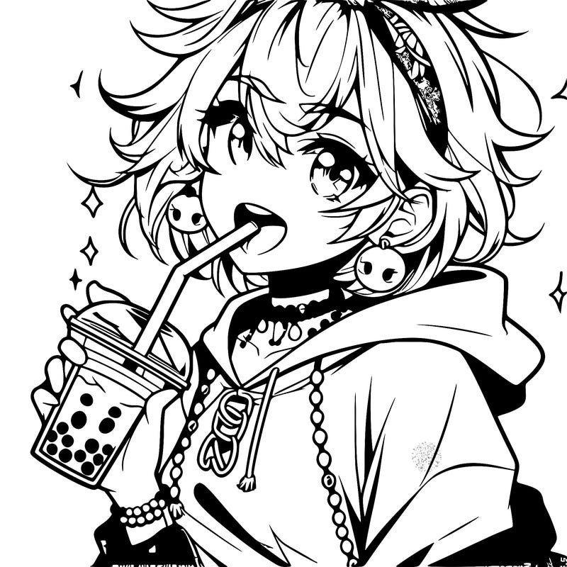 hot baddie anime girl drinking boba and biting the straw