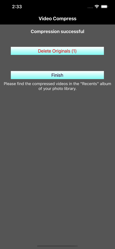 Video Compress - Shrink Vids - Écran de l'application affichant un message de compression vidéo réussie avec des options pour supprimer la vidéo originale et terminer le processus.