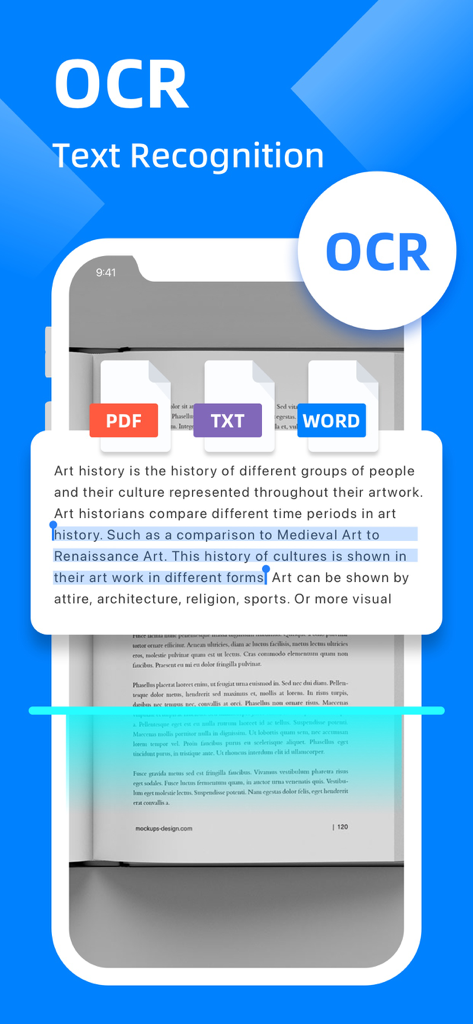 DR Scanner - PDF Scanner - Mobile app screen showing OCR text recognition feature with options to export as PDF TXT and Word