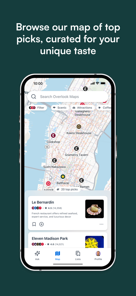 Overlook Maps - Una schermata di smartphone che mostra l'interfaccia di Overlook Maps con una mappa di New York City e un elenco di consigli curati di ristoranti come Le Bernardin ed Eleven Madison Park.