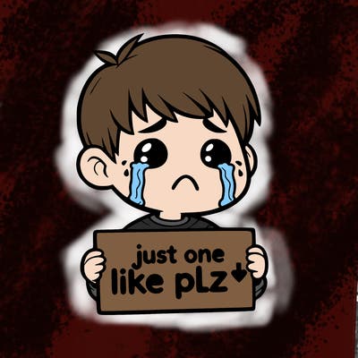 realistic crying boy with a sign saying just one like plz