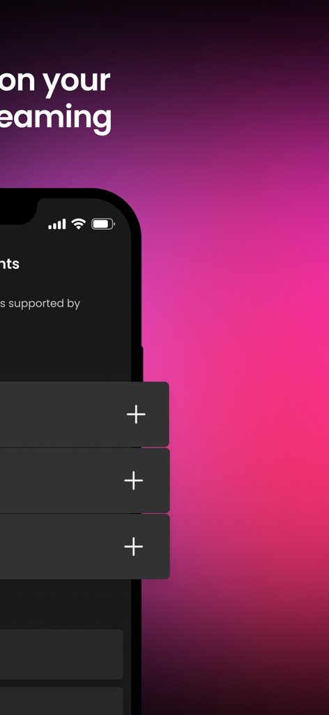 Close up of the Teleparty mobile app interface on an iPhone showing add buttons and a purple gradient background