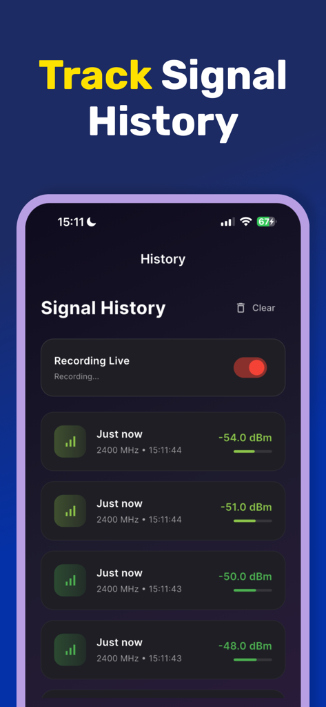 RF Signal Detector - RF信号検出器アプリのインターフェース。dBm値とタイムスタンプ付きの信号強度履歴が表示されています