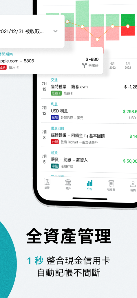Moneybook mobile app interface displaying transaction history and financial analysis charts