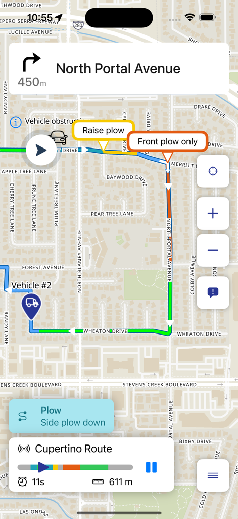 Rasters Navigation - Map interface of Rasters Navigation showing a snow plow route with turn-by-turn directions and specific equipment operation instructions.
