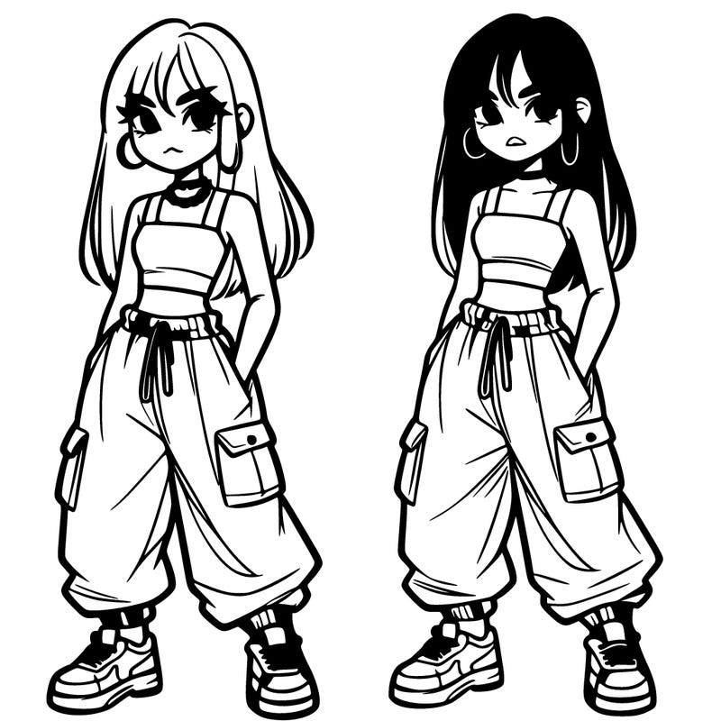 girl in baggy pants crop top and long hair