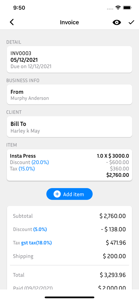 Easy Invoice & Estimate Maker - Mobile app screen for creating and editing a professional business invoice