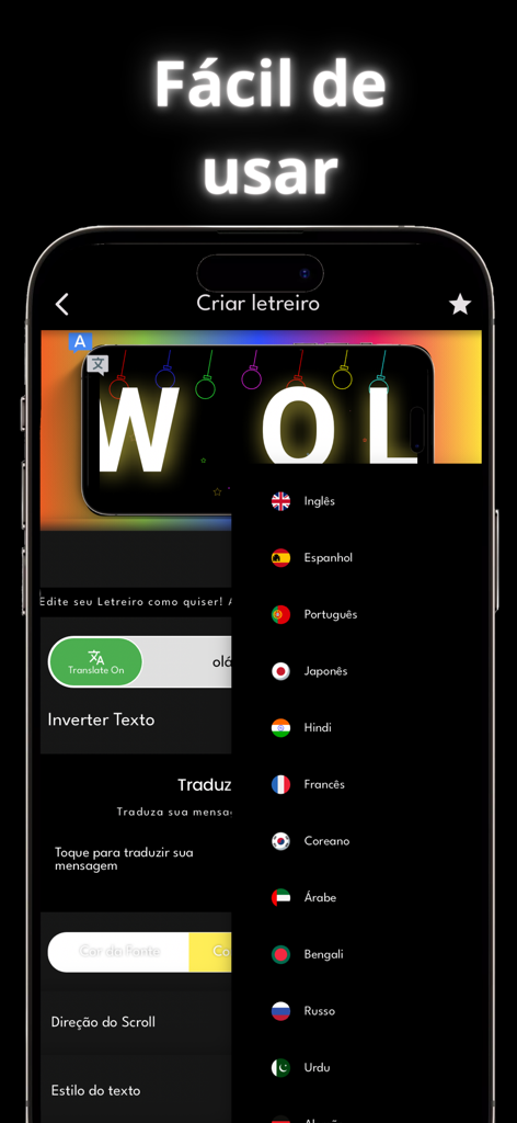 La interfaz de la App Banner Display mostrando configuraciones de traducción y un menú de selección de idioma