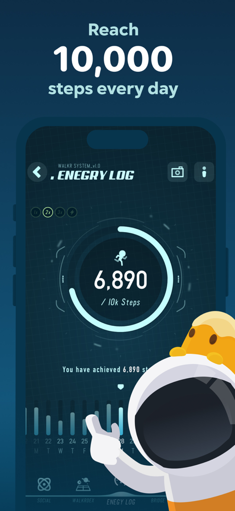 Walkr - Gamified Fitness Walk - Walkr app interface showing daily progress of 6,890 out of 10,000 steps with a cute astronaut character and space theme.