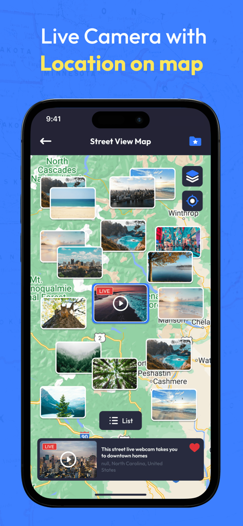 Street View Map- Live Earth 3D - Mobile app interface showing a map with various live camera thumbnails across a geographical area