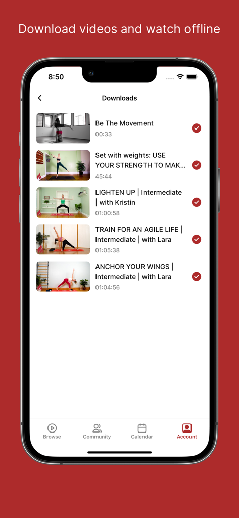 A list of yoga and functional movement classes downloaded for offline access on the LYT Daily iPhone app.