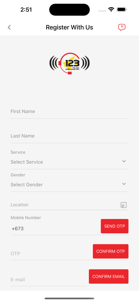TD123 - Registration screen of the TD123 app showing fields for name, service, location, and mobile number verification.