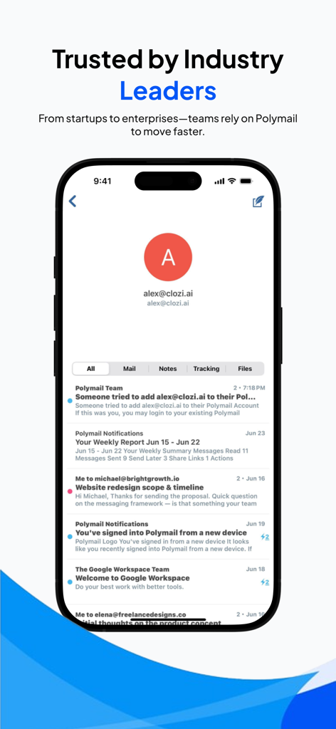 Polymail email activity feed showing real-time tracking and notifications on an iPhone