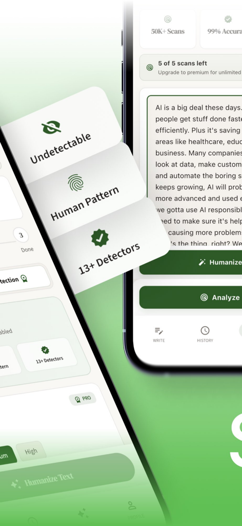 Interface of Undetectable AI Stealth Writer app showing the humanize text feature and AI detection bypass options