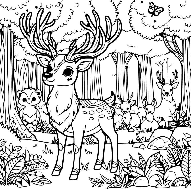 deer with huge horns in a magical forest with other animals