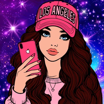 realistic beautiful girl wearing los ángeles cap holding an iphone