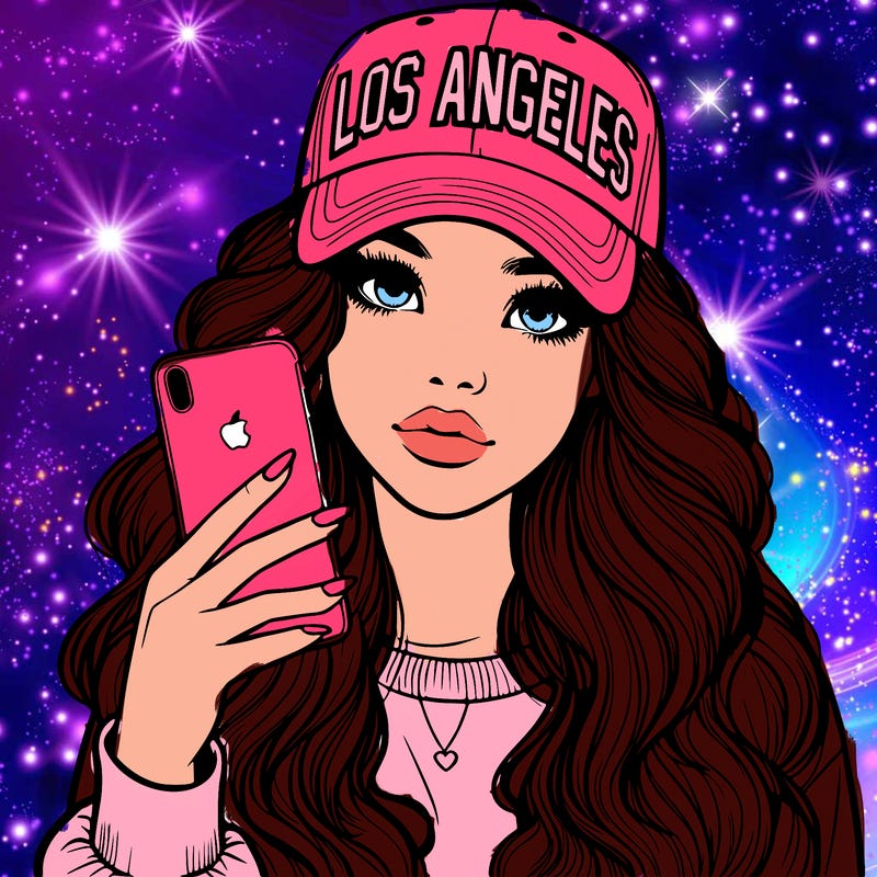 realistic beautiful girl wearing los ángeles cap holding an iphone