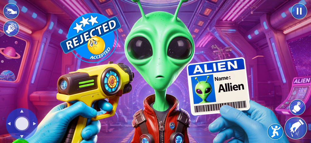 Space Security: Alien Guard - Security officer scanning a green alien's identity card at a space station checkpoint