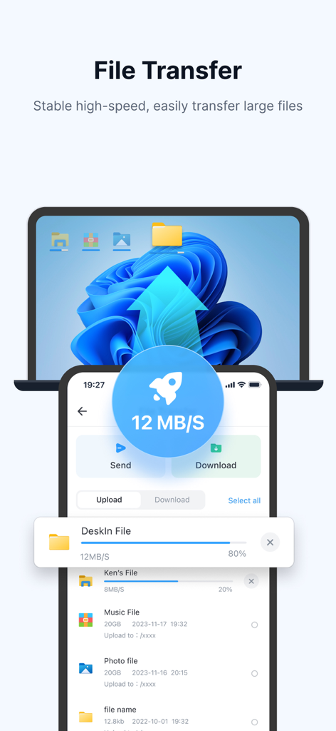 DeskIn Remote Desktop - Interface de DeskIn Remote Desktop montrant un transfert de fichiers à haute vitesse de 12 Mo/s entre un smartphone et un ordinateur portable
