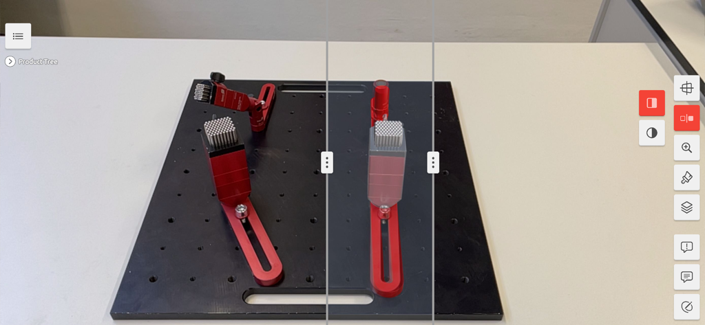 ARインターフェースが、製造ベース上の物理的な赤いコンポーネントと、そのデジタルCADモデルオーバーレイを比較しています