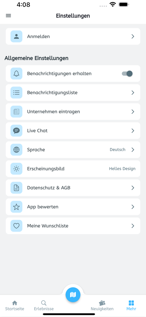 Good Place Finder - The settings menu of the Good Place Finder mobile app in German showing options for notifications language and theme preferences