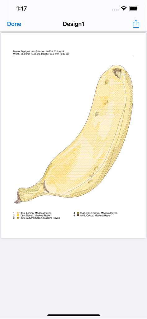 Stitch Viewer Pro - Realistic preview of a banana embroidery design with Madeira thread color chart in Stitch Viewer Pro